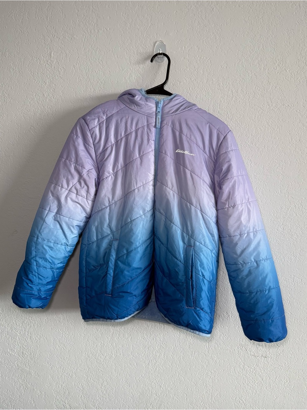 Eddie Bauer Kids Reversible Ombre Puffer Jacket Faux Fur Blue Purple L 14/16
